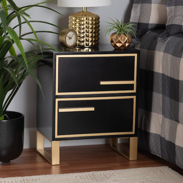 Baxton Studio Giolla Contemporary Glam and Luxe Black Finished Wood and Gold Metal 2Drawer Nightstand 221-12456-ZORO - main